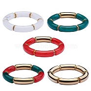5Pcs 5 Colors Acrylic Curved Tube Stretch Bracelets Set, Christmas Chunky Bracelets for Women, Mixed Color, Inner Diameter: 2-1/8 inch(5.5cm), 1Pc/color(BJEW-SW00069)