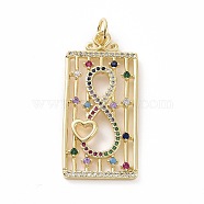 Brass Micro Pave Colorful Cubic Zirconia Pendants, Real 18K Gold Plated, with Jump Ring, Rectangle Charms, Infinity, 40.5x19x2mm, Jump Ring: 7x1mm, Inner Diameter: 5mm(KK-E068-VF031)