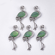 Freshwater Shell Brooches/Pendants, with Resin Bottom and Alloy Findings, Flamingo Shape, Antique Silver, Green, 83.5x38x8~10mm, hole: 4x3mm, Pin: 0.7mm(RESI-S376-20A)