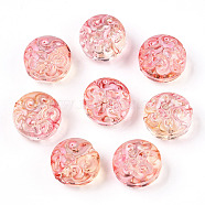 Transparent Glass Beads, Flat Round with Flower, Salmon, 13.5x8.5mm, Hole: 1.2mm, about 10pcs/bag(GLAA-D007-02A)