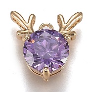 Golden Plated Brass Micro Pave Cubic Zirconia Charms, Antler Deer Shape, Lilac, 13x12.5x5.5mm, Hole: 1.2mm(ZIRC-H105-01)
