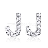 Brass Cubic Zirconia Stud Earrings, with Ear Nuts, Alphabet, Letter J, Platinum, 12x8x2.5mm, Pin: 0.7mm(EJEW-BB35118-J)