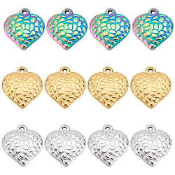 DICOSMETIC 24Pcs 3 Colors 304 Stainless Steel Pendants, Textured, Heart, Mixed Color, 16.5x15.5x4mm, Hole: 1.2mm, 8pcs/colors(STAS-DC0010-66)