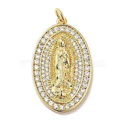 Rack Plating Brass Micro Pave Clear Cubic Zirconia Pendants, with Jump Ring, Cadmium Free & Nickel Free & Lead Free, Oval with Saint, Real 18K Gold Plated, 28x17x3mm, Hole: 3.4mm(KK-H431-05G)