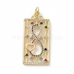 Brass Micro Pave Colorful Cubic Zirconia Pendants, Real 18K Gold Plated, with Jump Ring, Rectangle Charms, Infinity, 40.5x19x2mm, Jump Ring: 7x1mm, Inner Diameter: 5mm(KK-E068-VF031)