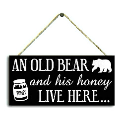 Bear & Honey Jar Pattern Wall Hanging Sign, Wood Pendant Decorations, with Hemp Rope, for Wall Ornaments, Black, 100x200mm(BEAR-PW0001-73)