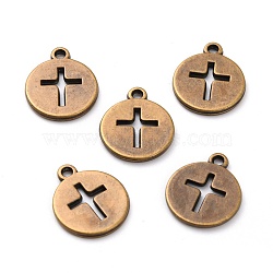 CCB Pendant, Flat Round with Cross, Camel, 17.5x14.5x1.5mm, Hole: 1.7mm(CCB-P009-11)