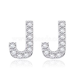 Brass Cubic Zirconia Stud Earrings, with Ear Nuts, Alphabet, Letter J, Platinum, 12x8x2.5mm, Pin: 0.7mm(EJEW-BB35118-J)