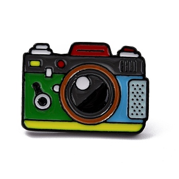 Alloy Enamel Brooches, Enamel Pin, with Clutches, Camera, Electrophoresis Black, Green, 19x26.5x9.5mm, Pin: 1.2mm