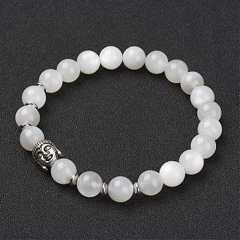 Natural White Moonstone Stretch Bracelets, with Brass Beads & Alloy Buddha Head Beads, Round, 2-1/8 inch(55mm)