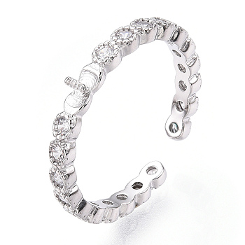 925 Sterling Silver Micro Pave Cubic Zirconia Open Cuff Ring Settings, for Half Drilled Beads, with S925 Stamp, Real Platinum Plated, US Size 7(17.3mm), Pin: 1mm.