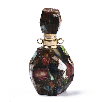 Assembled Synthetic Pyrite and Imperial Jasper Openable Perfume Bottle Pendants, with Brass Findings, Dyed, Coconut Brown, capacity: 1ml(0.03 fl. oz), 40~41x19.5~20x14~14.5mm, Hole: 1.8mm, Capacity: 1ml(0.03 fl. oz)