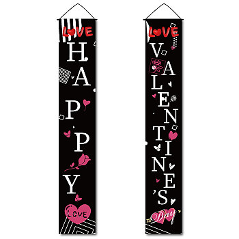 Rectangle Door Wall Hanging Polyester Sign for Festival, for Festival Party Decoration Supplies, Happy Valentine's Day , Black, 180x30cm, 2pcs/set