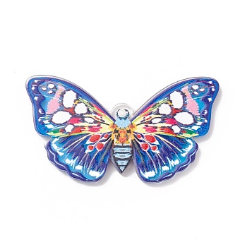 Printed Acrylic Pendants, Butterfly Charm, Blue, 26x46x2mm, Hole: 1.6mm
