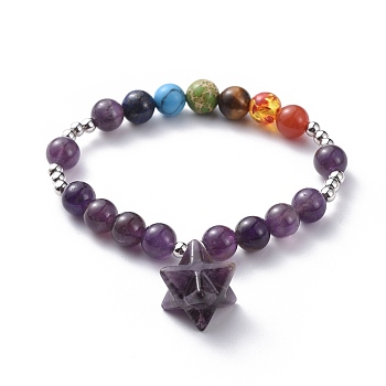 Yoga Chakra Jewelry, Stretch Charm Bracelets, with Natural Amethyst & Gemstone Beads, Round Brass Spacer Beads, Merkaba Star, 2-1/8 inch(5.5cm)