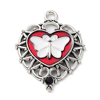 Alloy Enamel Pendants, with Rhinestone, Heart with Butterfly Charm, Antique Silver, 33.5x26x3mm, Hole: 2.8mm