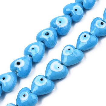 Handmade Evil Eye Lampwork Beads Strands, Heart, Deep Sky Blue, 12~12.5x12~13x7.5mm, Hole: 1.2mm, about 33pcs/strand, 14.76 inch(37.5cm)