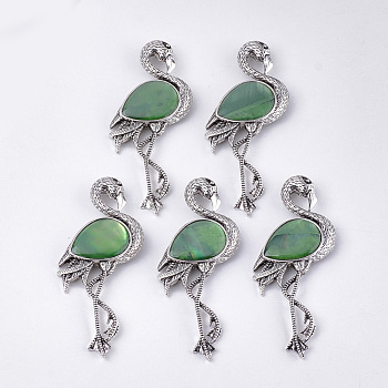 Freshwater Shell Brooches/Pendants, with Resin Bottom and Alloy Findings, Flamingo Shape, Antique Silver, Green, 83.5x38x8~10mm, hole: 4x3mm, Pin: 0.7mm