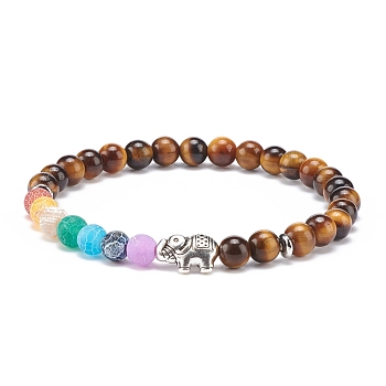 Natural Tiger Eye & Agate Round Beaded Stretch Bracelet with Alloy Elephant, Gemstone Jewelry for Women, Inner Diameter: 2-1/8 inch(5.5cm)