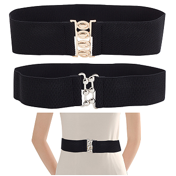 WADORN 2Pcs 2 Styles Polyester Elastic Corset Belts, Waist Belt with Zinc Alloy Clasps for Women Girls, Black, 25-1/4~25-5/8 inch(64~65cm), 1Pc/style