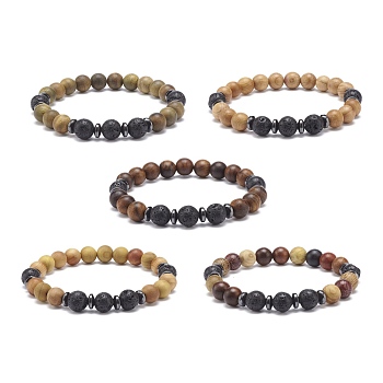 Natural Lava Rock & Wood Beaded Stretch Bracelet, Yoga Jewelry for Women, Mixed Color,  Inner Diameter: 2-1/4 inch(5.6cm)