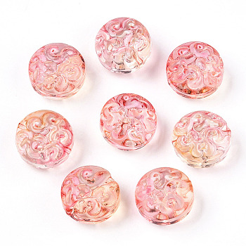 Transparent Glass Beads, Flat Round with Flower, Salmon, 13.5x8.5mm, Hole: 1.2mm, about 10pcs/bag