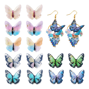 Pandahall 14Pcs 7 Colors Transparent Resin Pendants, Butterfly Charms, with Gold Foil, Mixed Color, 22x25mm, 2pcs/color