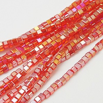 Electroplate Glass Beads Strands, AB Color Plated, Faceted, Cube, Red, 7~8x7~8x7~8mm, Hole: 1mm