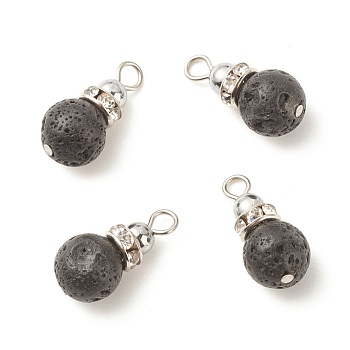 Natural Lava Rock Pendants, with Non-magnetic Synthetic Hematite and Platinum Tone Brass Crystal Rhinestone Findings, Round, 18x8.5~9mm, Hole: 2.5~3mm