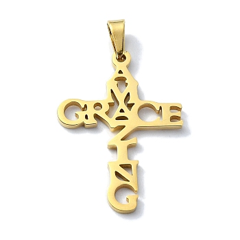304 Stainless Steel Pendants, Corss with Word Amazing Grace Charms, Golden, 30x21x1.5mm, Hole: 6x3mm
