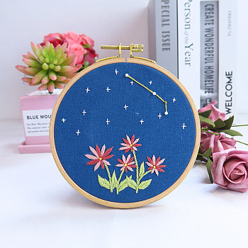 Flower & Constellation Pattern 3D Bead Embroidery Starter Kits, including Embroidery Fabric & Thread, Needle, Instruction Sheet, Aries, 200x200mm