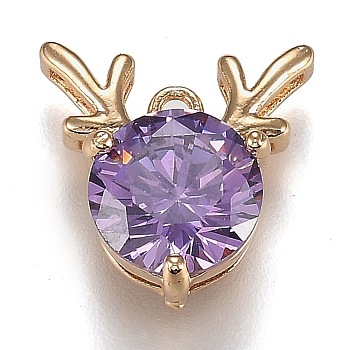 Golden Plated Brass Micro Pave Cubic Zirconia Charms, Antler Deer Shape, Lilac, 13x12.5x5.5mm, Hole: 1.2mm