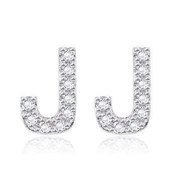 Brass Cubic Zirconia Stud Earrings, with Ear Nuts, Alphabet, Letter J, Platinum, 12x8x2.5mm, Pin: 0.7mm
