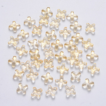 Transparent Spray Painted Glass Beads, with Glitter Powder, Clover, Light Yellow, 8x8x3mm, Hole: 0.9mm