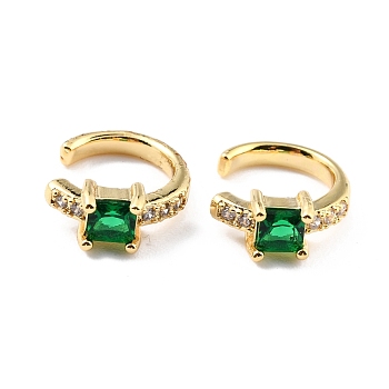 Brass Micro Pave Cubic Zirconia Cuff Earrings, Real 18K Gold Plated, Ring, Green, 13x2.5mm