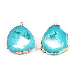 Druzy Resin Pendants, Imitation Geode Druzy Agate Slices, with Edge Light Gold Plated Iron Loops, Nuggets, Cyan, 38~39x32.5~33.5x7~8mm, Hole: 1.6mm(RESI-R428-024E)
