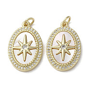 Brass Micro Pave Cubic Zirconia Pendants, with Shell, Oval with Star Pattern, Real 18K Gold Plated, 22.5x15x3.5mm, Hole: 3mm(KK-G485-12G)