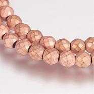 Electroplate Non-magnetic Synthetic Hematite Beads Strands, Grade AA, Faceted Round, Frosted, Rose Gold Plated, 4mm, Hole: 1mm, about 100pcs/strand, 15.3 inch(G-P244-24-4mm)