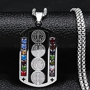 304 Stainless Steel Colorful Rhinestone Rectangle with Saint Benedict Medal Pendant Necklaces, Box Chains Necklace for Women Men, Stainless Steel Color, 23.19 inch(58.9cm)(NJEW-G115-03P)