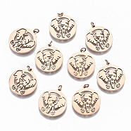 304 Stainless Steel Pendants, Laser Cut, with Jump Rings, Flat Round with Elephant, Rose Gold, 15.5x14x1mm, Jump Ring: 3x0.4mm, 2.2mm inner diameter(STAS-S116-041RG)