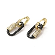 Oval Real 18K Gold Plated Brass Dangle Hoop Earrings, with Cubic Zirconia and Enamel, Black, 23x9.5mm(EJEW-L268-039G-04)