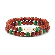 Natural Rosewood Round Beads Bracelets Set, Natural Green Aventurine & Pearl Beads Bracelet for Women, Inner Diameter: 2-1/4 inch(5.8cm), 2pcs/set(BJEW-JB07275)