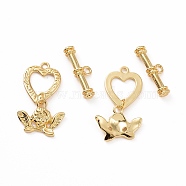 Brass Toggle Clasps, Heart with Cupid, Real 18K Gold Plated, Bar: 24.5x8x4.5mm, Hole: 2.5mm, Heart: 33x19x2.5mm, hole: 2mm(KK-E068-VC193)