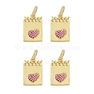 Brass Micro Pave Cubic Colorful Zirconia Pendants, Long-Lasting Plated, Lead Free & Cadmium Free, Rectangle with  Heart, with Jump Rings, Real 18K Gold Plated, Long: 26mm, Pendant: 20.5x13x4mm, Hole: 5x3.5mm(ZIRC-SZ0001-28)