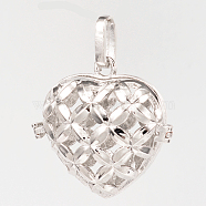 Eco-Friendly Rack Plating Brass Hollow Heart Cage Pendants, For Chime Ball Pendant Necklaces Making, Cadmium Free & Nickel Free & Lead Free, Platinum, 31x32x16mm, Hole: 9x4mm, inner: 25x23mm(KK-M180-05P-NR)