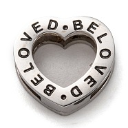 304 Stainless Steel Slide Charms, Enamel Style, for Valentine's Day, Heart with Word Beloved, Stainless Steel Color, 12x12x3.5mm, Hole: 8x1.5mm(STAS-P270-01G)