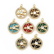 Brass Micro Pave Clear Cubic Zirconia Pendants, with Glass, Shell & Synthetic Stone & Acrylic and Jump Ring, Real 16K Gold Plated, Flat Round, Nickel Free, Mixed Color, 21x18x4.5mm, Jump Ring: 5x1mm, 3mm inner diameter(KK-N227-66-NF)