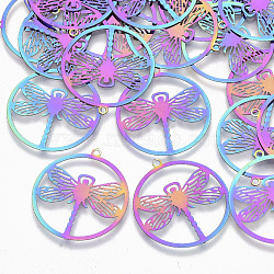 Ion Plating(IP) 201 Stainless Steel Filigree Pendants, Etched Metal Embellishments, Flat Round with Dragonfly, Rainbow Color, 27x24.5x0.3mm, Hole: 1.2mm(X-STAS-R102-14)