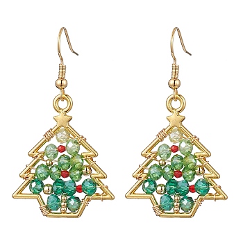 Christmas Tree Alloy & Glass Dangle Earring, with Brass Stainless Steel Earring Hooks, Golden, 48x27mm