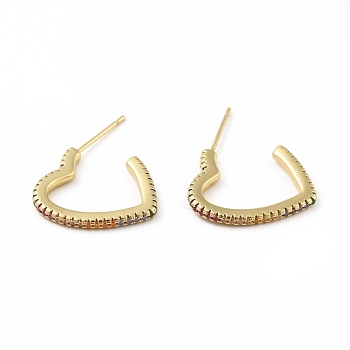 Brass Heart Stud Earrings, Half Hoop Earrings for Women, Real 18K Gold Plated, 18x17x2mm, Pin: 0.7mm